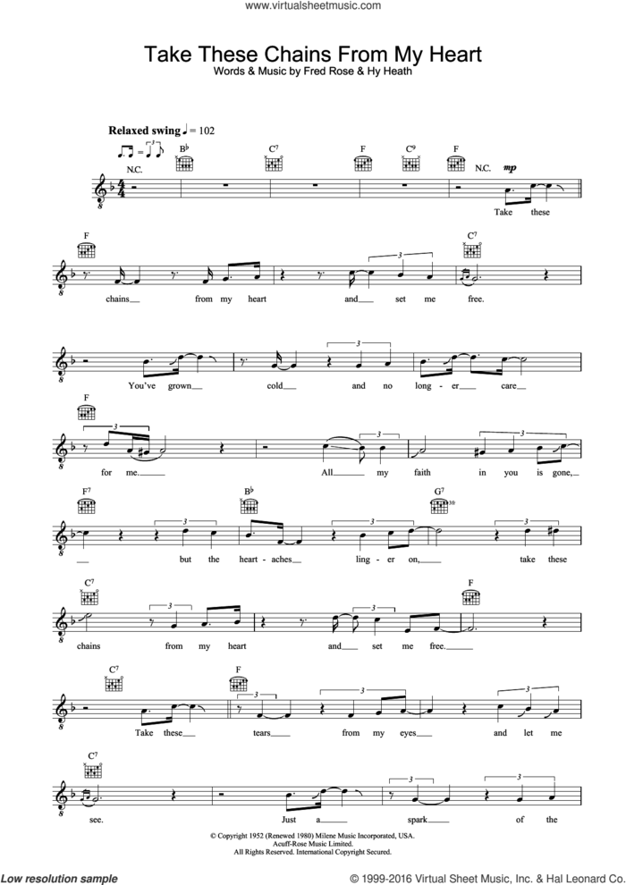 Take These Chains From My Heart sheet music for voice and other instruments (fake book) by Ray Charles, Fred Rose and Hy Heath, intermediate skill level