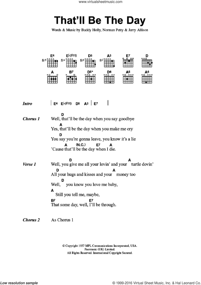 That'll Be The Day sheet music for guitar (chords) by Buddy Holly, Jerry Allison and Norman Petty, intermediate skill level