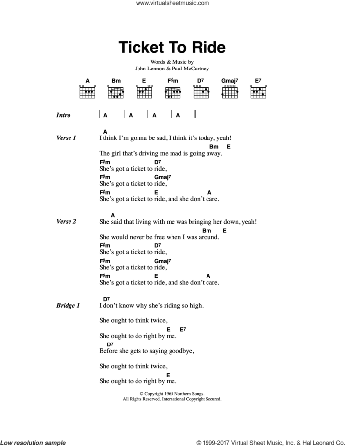 Ticket To Ride sheet music for guitar (chords) by The Beatles, John Lennon and Paul McCartney, intermediate skill level