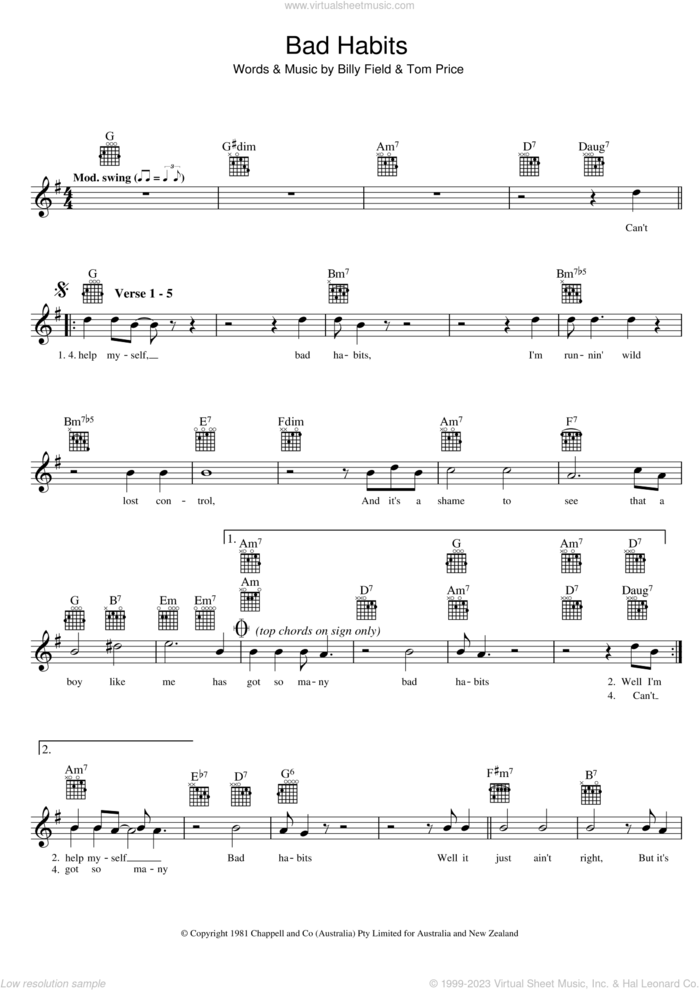 Bad Habits sheet music for voice and other instruments (fake book) by Billy Field and Tom Price, intermediate skill level