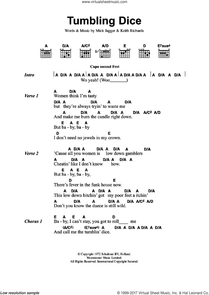Tumbling Dice sheet music for guitar (chords) by The Rolling Stones, Keith Richards and Mick Jagger, intermediate skill level