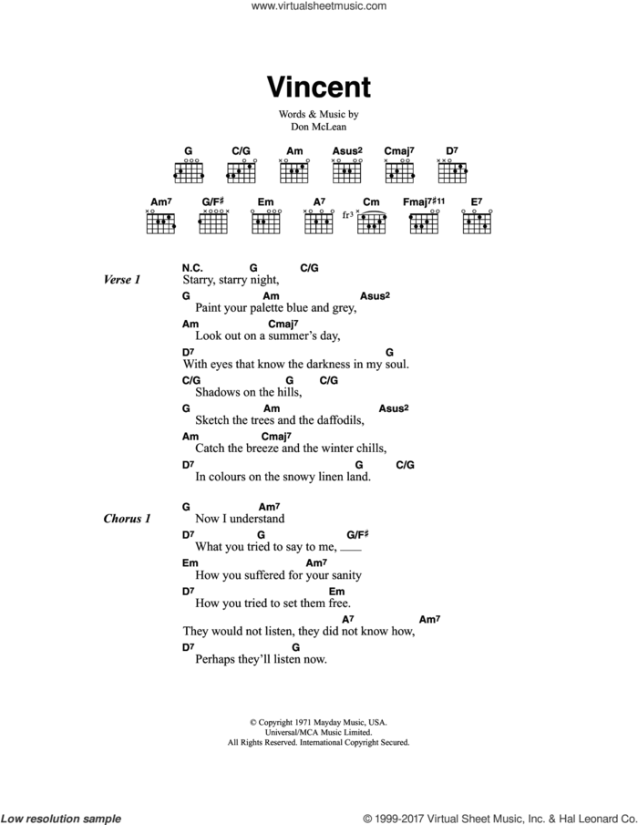 Vincent (Starry Starry Night) sheet music for guitar (chords) by Don McLean, intermediate skill level