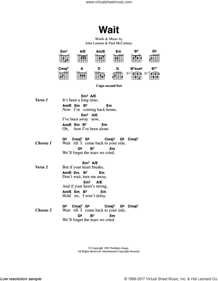 Wait sheet music for guitar (chords) by The Beatles, John Lennon and Paul McCartney, intermediate skill level