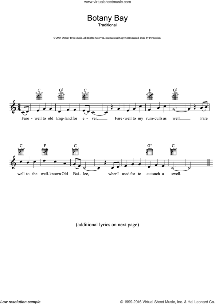 Botany Bay sheet music for voice and other instruments (fake book), intermediate skill level