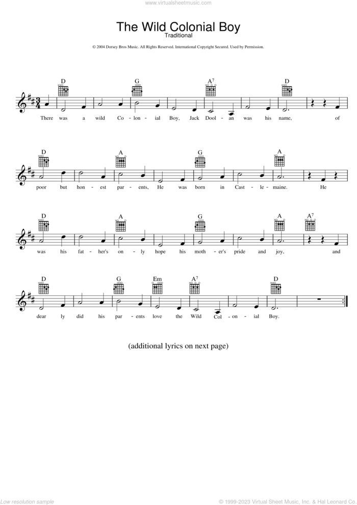 The Wild Colonial Boy sheet music for voice and other instruments (fake book), intermediate skill level