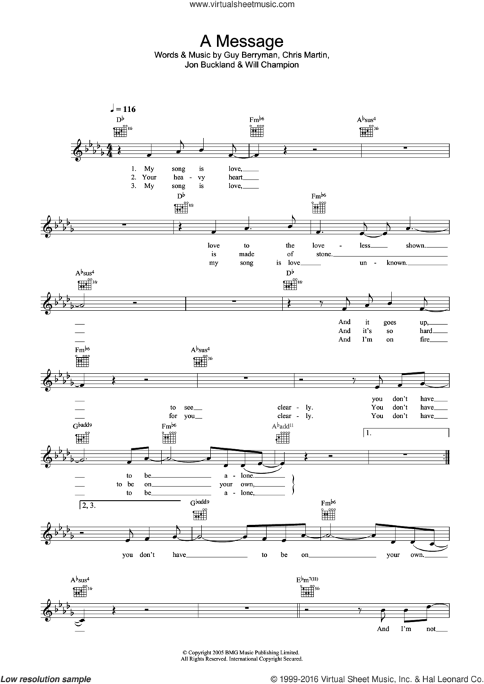 A Message sheet music for voice and other instruments (fake book) by Coldplay, Chris Martin, Guy Berryman, Jonny Buckland and Will Champion, intermediate skill level