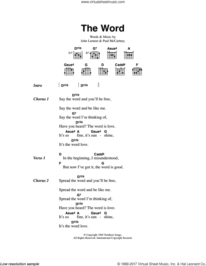 The Word sheet music for guitar (chords) by The Beatles, John Lennon and Paul McCartney, intermediate skill level