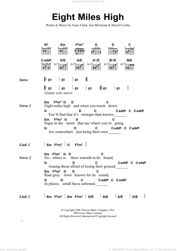 Eight Miles High sheet music for guitar (chords) by The Byrds, David Crosby, Gene Clark and Jim McGuinn, intermediate skill level