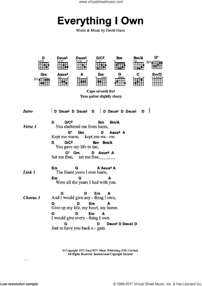 Everything I Own sheet music for guitar (chords) by Bread and David Gates, intermediate skill level
