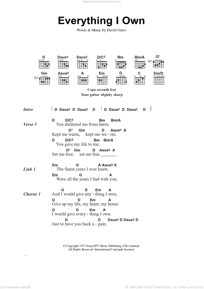 Everything I Own sheet music for guitar (chords) by Bread and David Gates, intermediate skill level