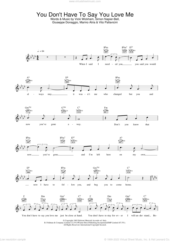 You Don't Have To Say You Love Me sheet music for voice and other instruments (fake book) by Vicki Wickham, Dusty Springfield, Elvis Presley, Giuseppe Donaggio and Simon Napier-Bell, intermediate skill level