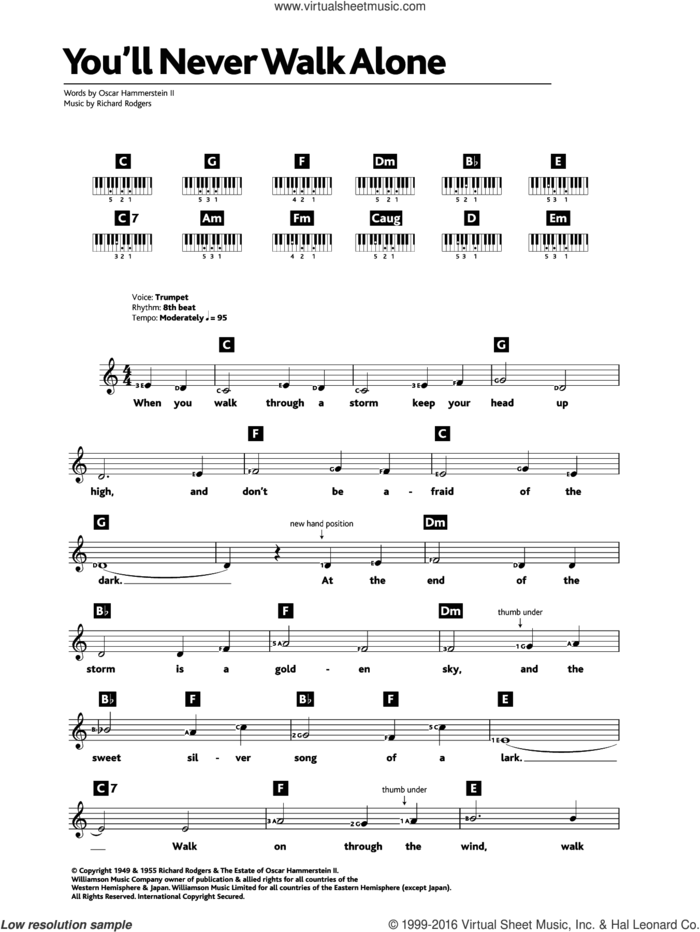 You'll Never Walk Alone (from Carousel) sheet music for piano solo (chords, lyrics, melody) by Rodgers & Hammerstein, Oscar II Hammerstein and Richard Rodgers, intermediate piano (chords, lyrics, melody)
