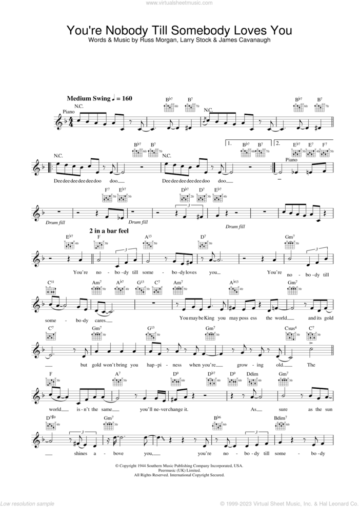 You're Nobody Till Somebody Loves You sheet music for voice and other instruments (fake book) by Jamie Cullum and Russ Morgan, intermediate skill level