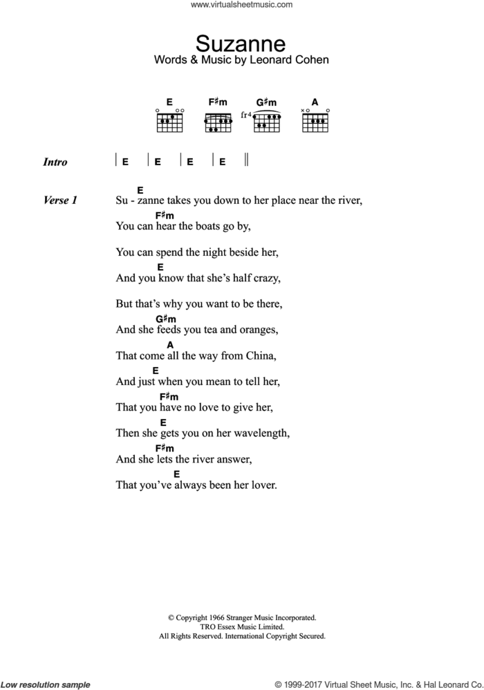 Suzanne sheet music for guitar (chords) by Leonard Cohen, intermediate skill level