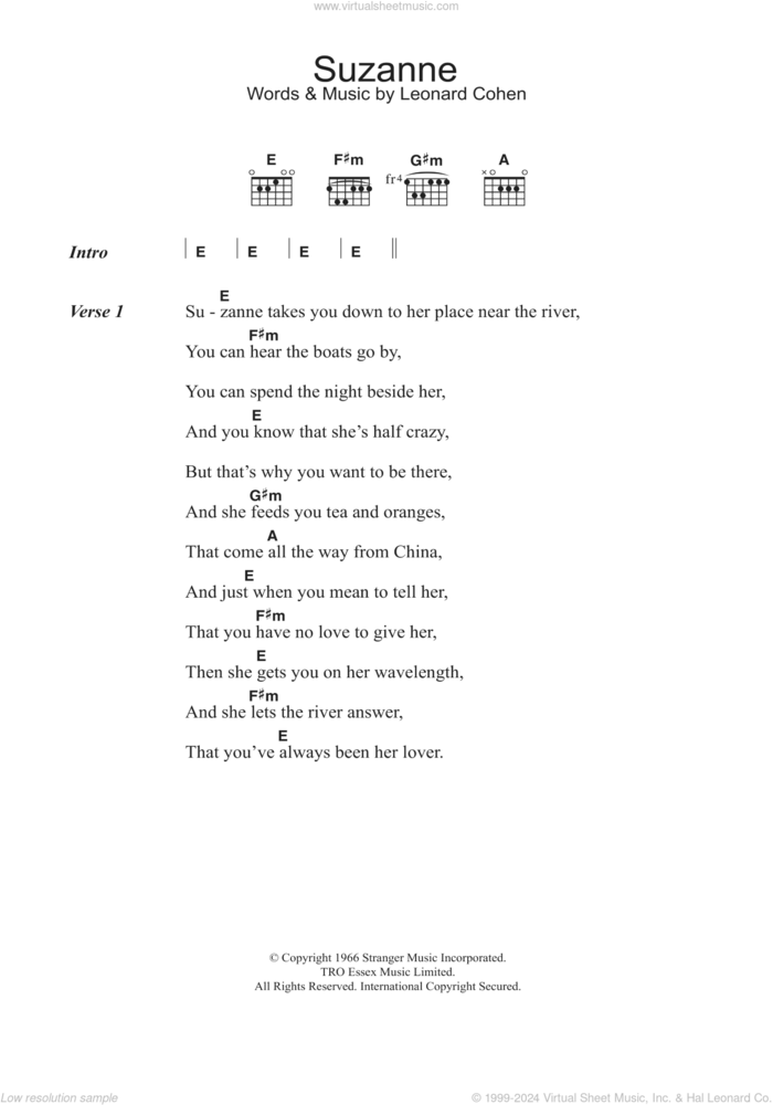 Suzanne sheet music for guitar (chords) by Leonard Cohen, intermediate skill level