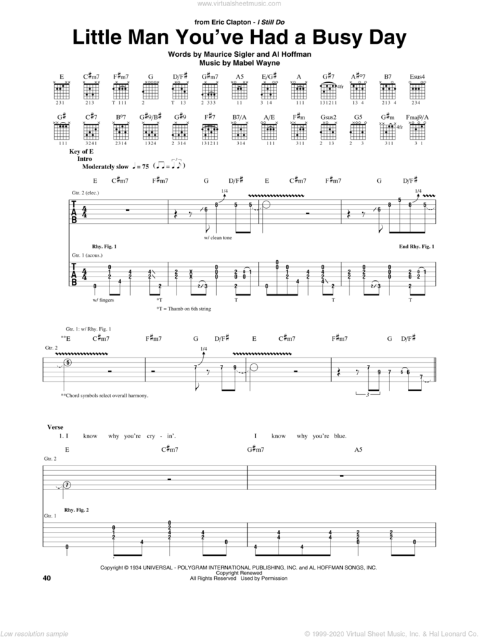 Little Man You've Had A Busy Day sheet music for guitar (rhythm tablature) by Eric Clapton, Al Hoffman, Mabel Wayne and Maurice Sigler, intermediate skill level