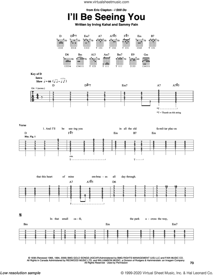 I'll Be Seeing You sheet music for guitar (rhythm tablature) by Eric Clapton, Irving Kahal and Sammy Fain, classical wedding score, intermediate skill level