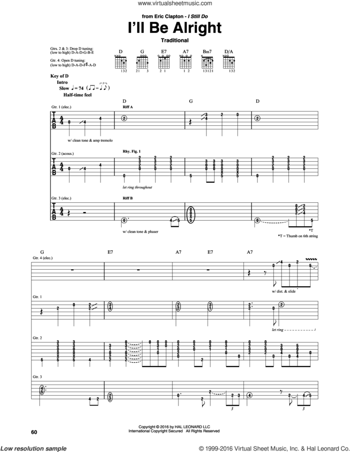 I'll Be Alright sheet music for guitar (rhythm tablature) by Eric Clapton and Miscellaneous, intermediate skill level