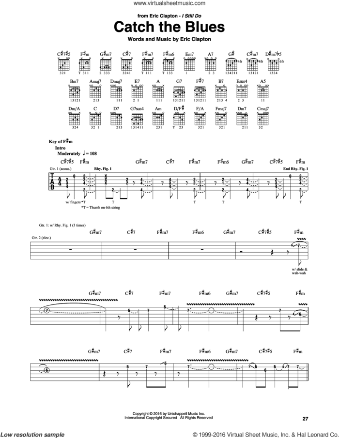 Catch The Blues sheet music for guitar (rhythm tablature) by Eric Clapton, intermediate skill level