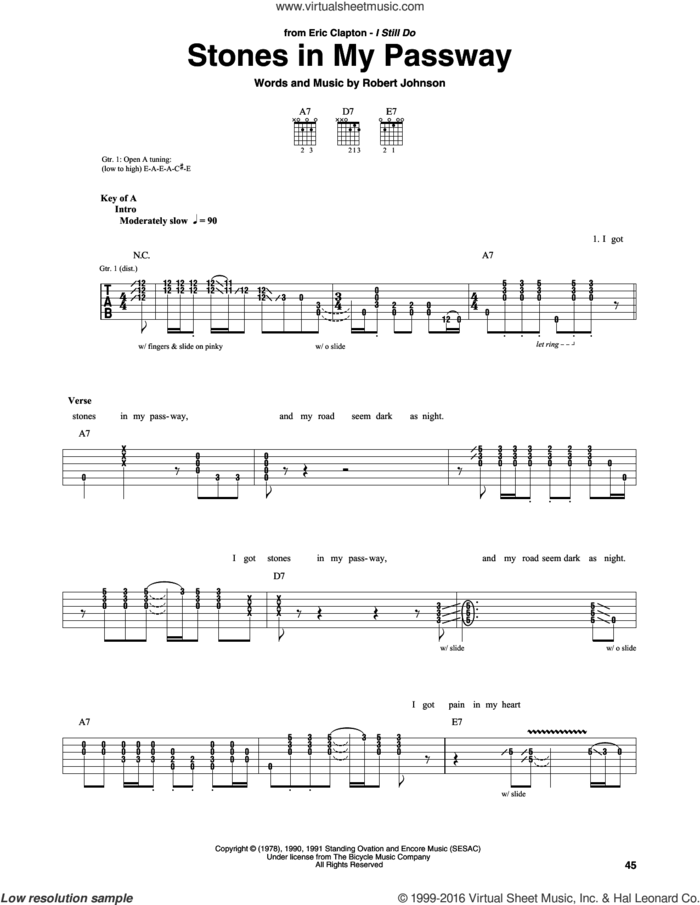 Stones In My Passway sheet music for guitar (rhythm tablature) by Eric Clapton and Robert Johnson, intermediate skill level