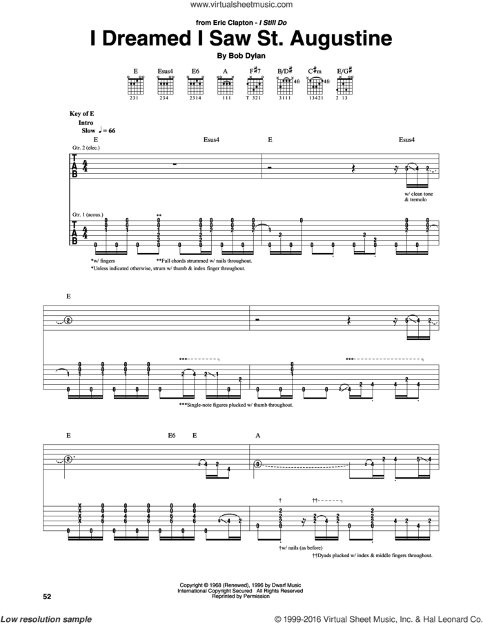 I Dreamed I Saw St. Augustine sheet music for guitar (rhythm tablature) by Eric Clapton and Bob Dylan, intermediate skill level
