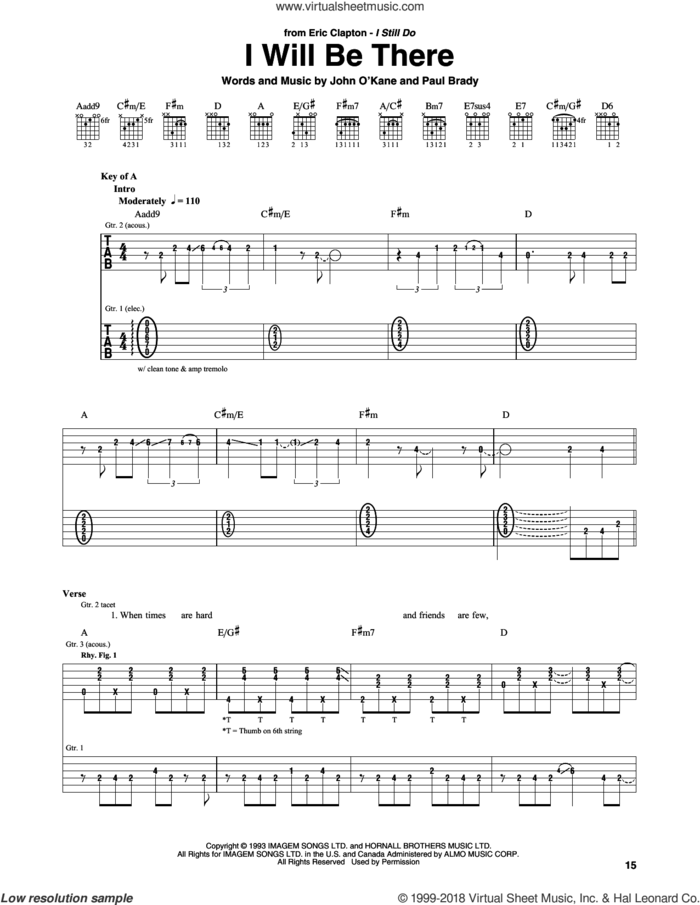 I Will Be There sheet music for guitar (rhythm tablature) by Eric Clapton and Paul Brady, intermediate skill level