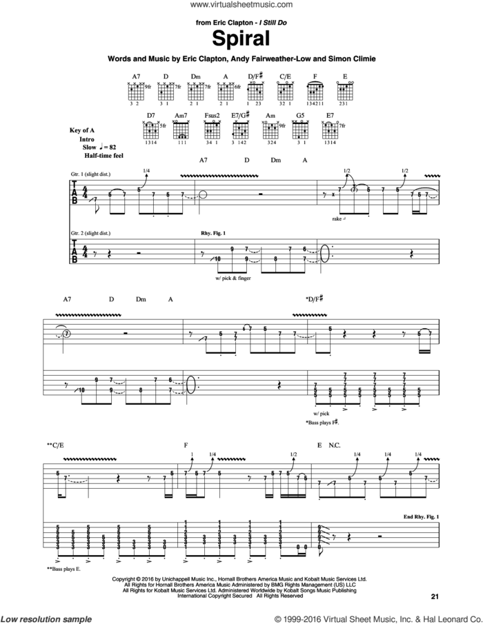 Spiral sheet music for guitar (rhythm tablature) by Eric Clapton, Andy Fairweather-Low and Simon Climie, intermediate skill level
