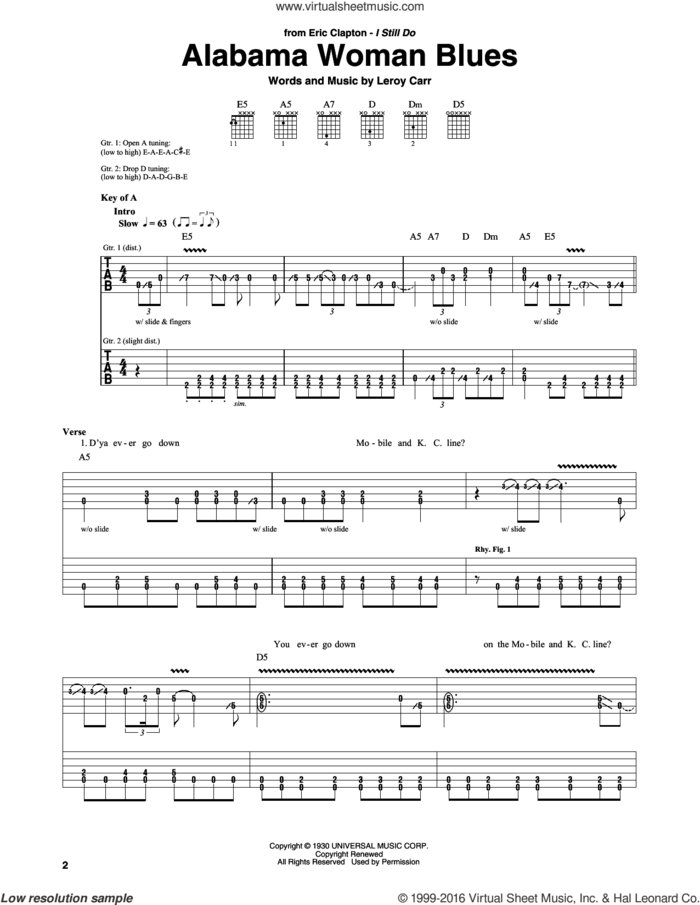 Alabama Woman Blues sheet music for guitar (rhythm tablature) by Eric Clapton and Leroy Carr, intermediate skill level