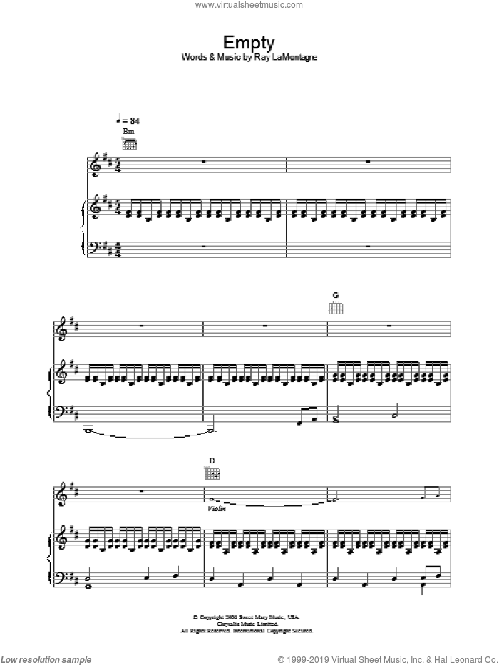 Empty sheet music for voice, piano or guitar by Ray LaMontagne, intermediate skill level