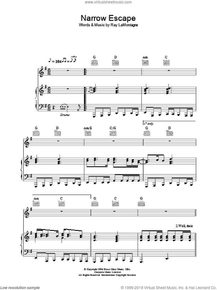 Narrow Escape sheet music for voice, piano or guitar by Ray LaMontagne, intermediate skill level
