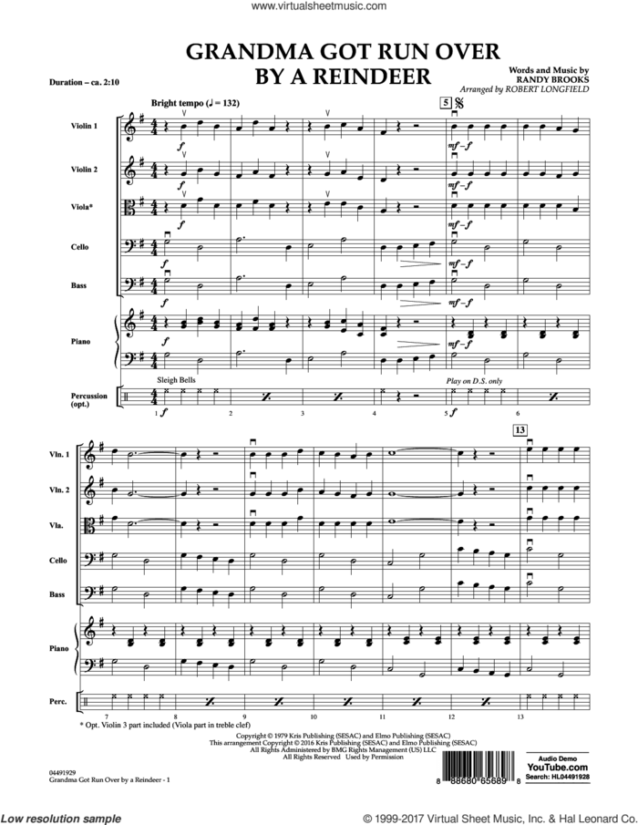 Grandma Got Run Over by a Reindeer (COMPLETE) sheet music for orchestra by Robert Longfield and Randy Brooks, intermediate skill level
