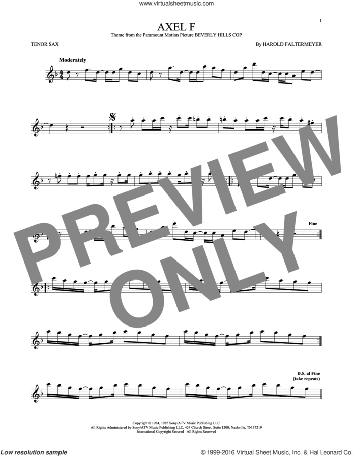 Axel F sheet music for tenor saxophone solo by Crazy Frog and Harold Faltermeyer, intermediate skill level