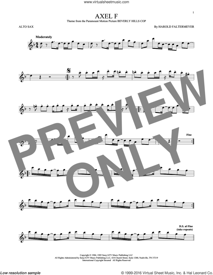 Axel F sheet music for alto saxophone solo by Crazy Frog and Harold Faltermeyer, intermediate skill level