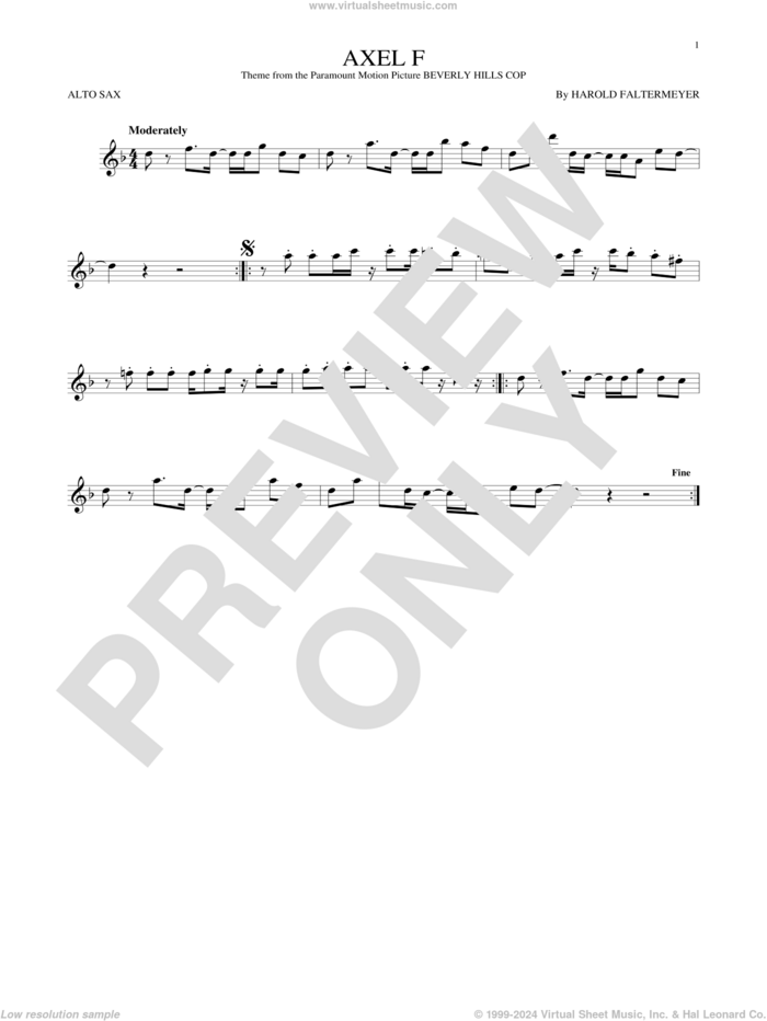 Axel F sheet music for alto saxophone solo by Crazy Frog and Harold Faltermeyer, intermediate skill level