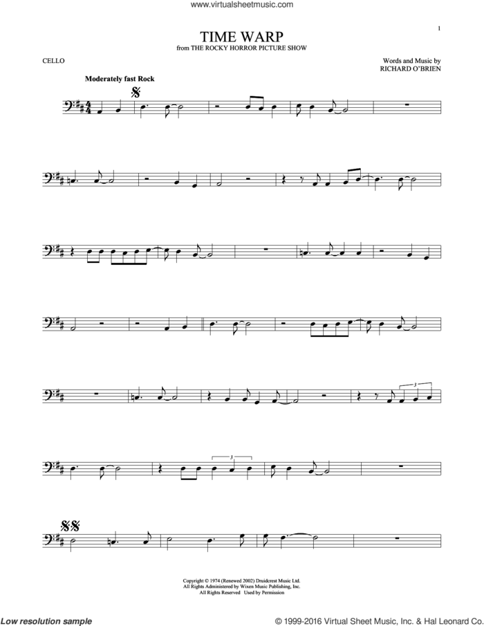 Time Warp sheet music for cello solo by Richard O'Brien, intermediate skill level