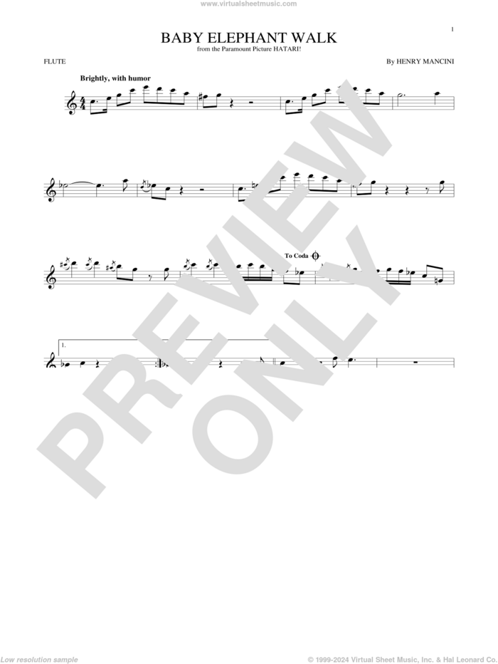 Baby Elephant Walk sheet music for flute solo by Henry Mancini, Lawrence Welk and Hal David, intermediate skill level