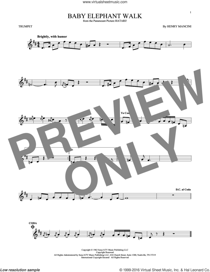Baby Elephant Walk sheet music for trumpet solo by Henry Mancini, Lawrence Welk and Hal David, intermediate skill level