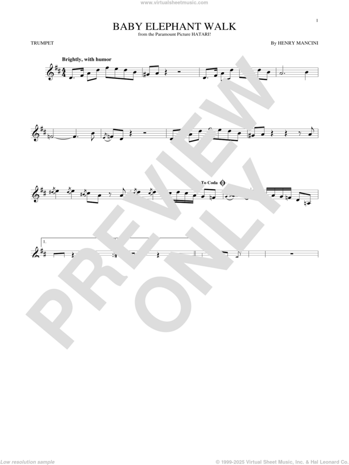 Baby Elephant Walk sheet music for trumpet solo by Henry Mancini, Lawrence Welk and Hal David, intermediate skill level