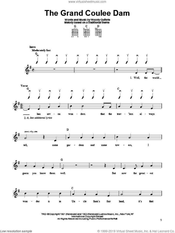 The Grand Coulee Dam sheet music for guitar solo (chords) by Woody Guthrie, easy guitar (chords)