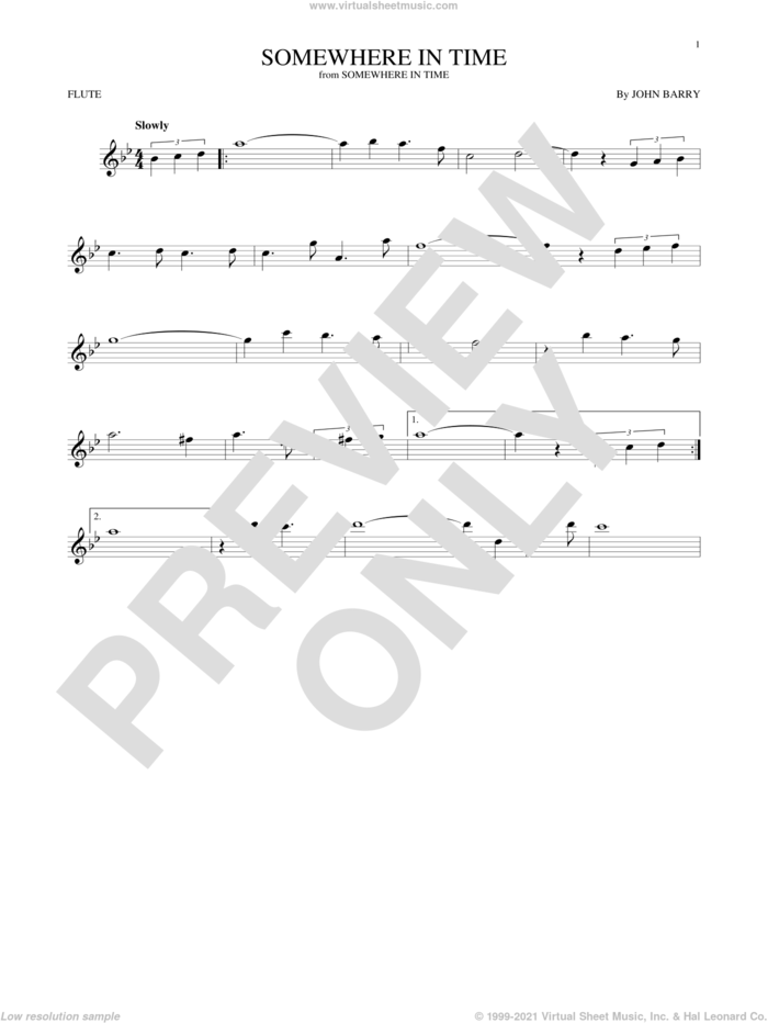 Somewhere In Time sheet music for flute solo by John Barry and B.A. Robertson, intermediate skill level
