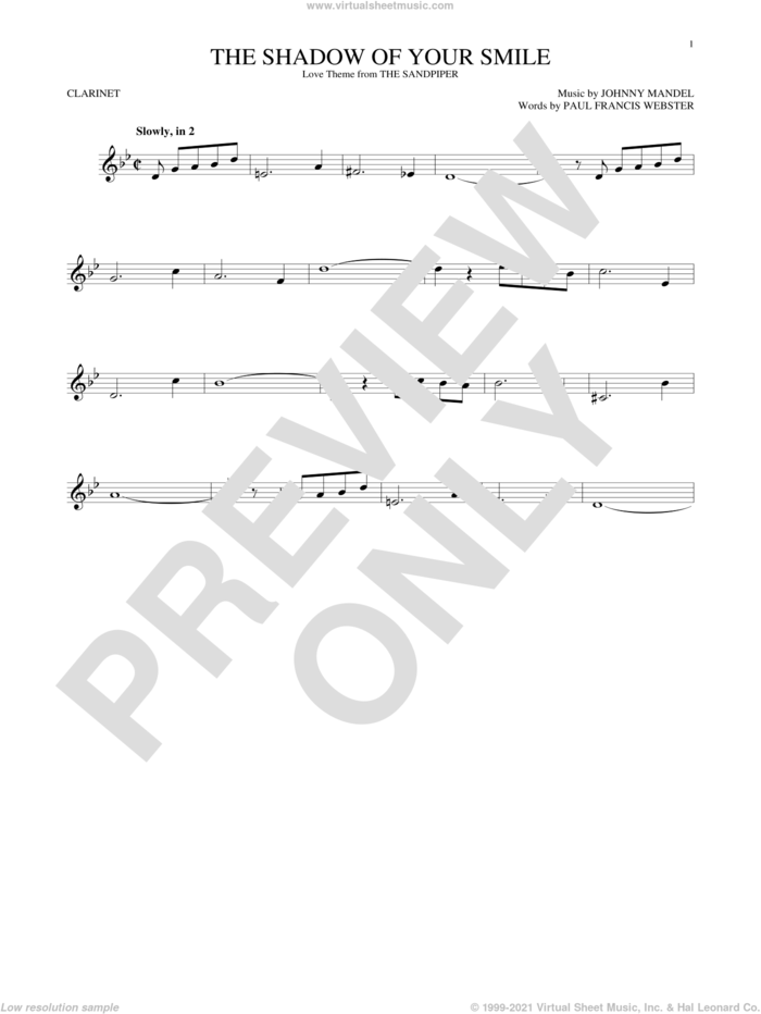 The Shadow Of Your Smile sheet music for clarinet solo by Paul Francis Webster and Johnny Mandel, intermediate skill level