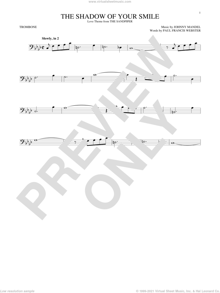 The Shadow Of Your Smile sheet music for trombone solo by Paul Francis Webster and Johnny Mandel, intermediate skill level
