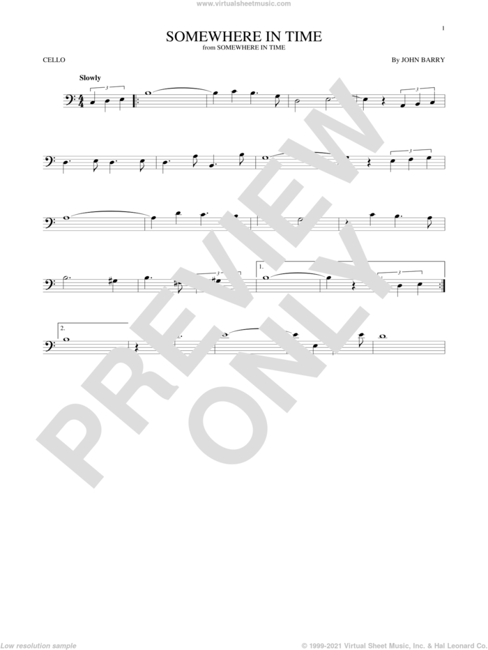Somewhere In Time sheet music for cello solo by John Barry and B.A. Robertson, intermediate skill level