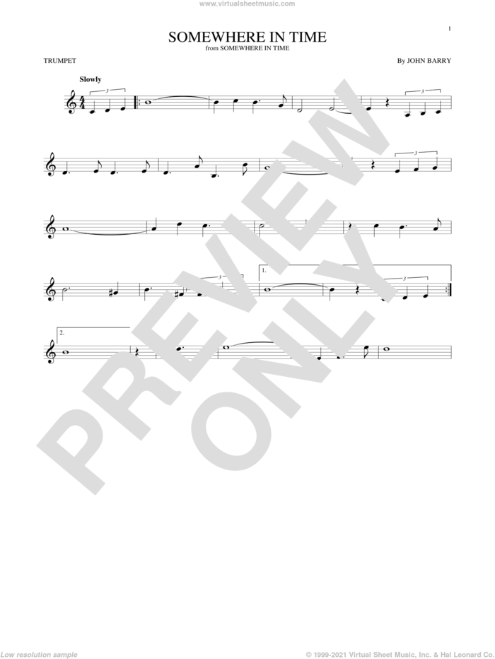 Somewhere In Time sheet music for trumpet solo by John Barry and B.A. Robertson, intermediate skill level