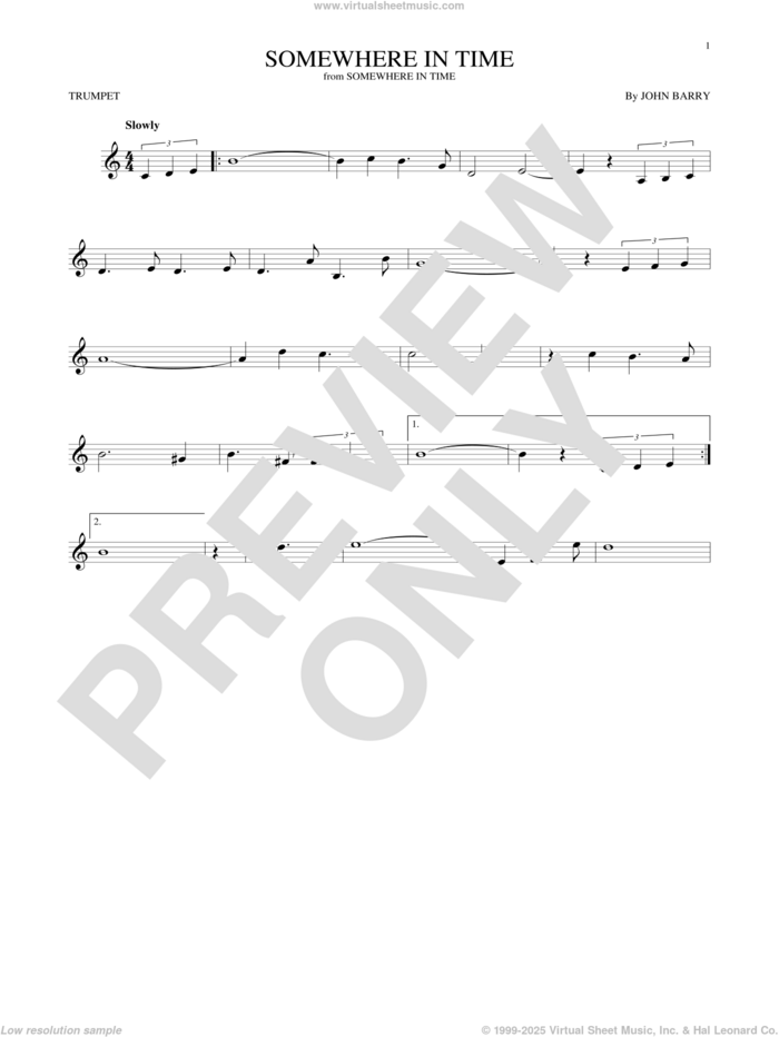 Somewhere In Time sheet music for trumpet solo by John Barry and B.A. Robertson, intermediate skill level