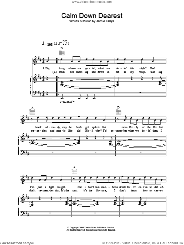 Calm Down Dearest sheet music for voice, piano or guitar by Jamie T and Jamie Treays, intermediate skill level