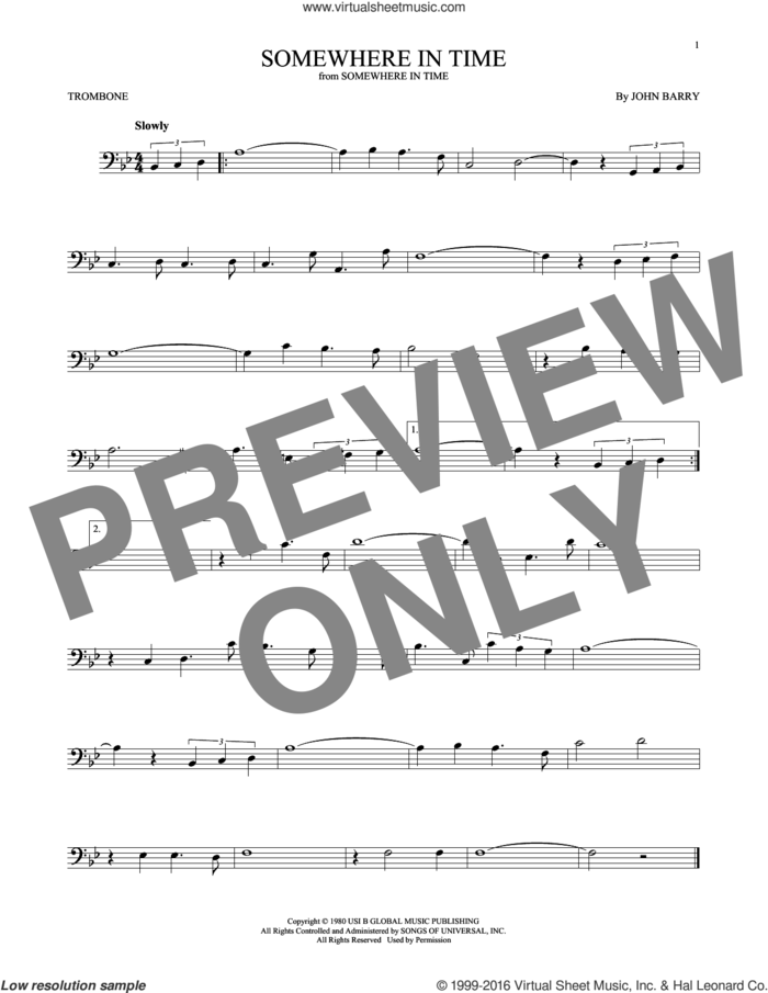 Somewhere In Time sheet music for trombone solo by John Barry and B.A. Robertson, intermediate skill level