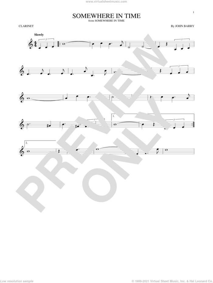 Somewhere In Time sheet music for clarinet solo by John Barry and B.A. Robertson, intermediate skill level