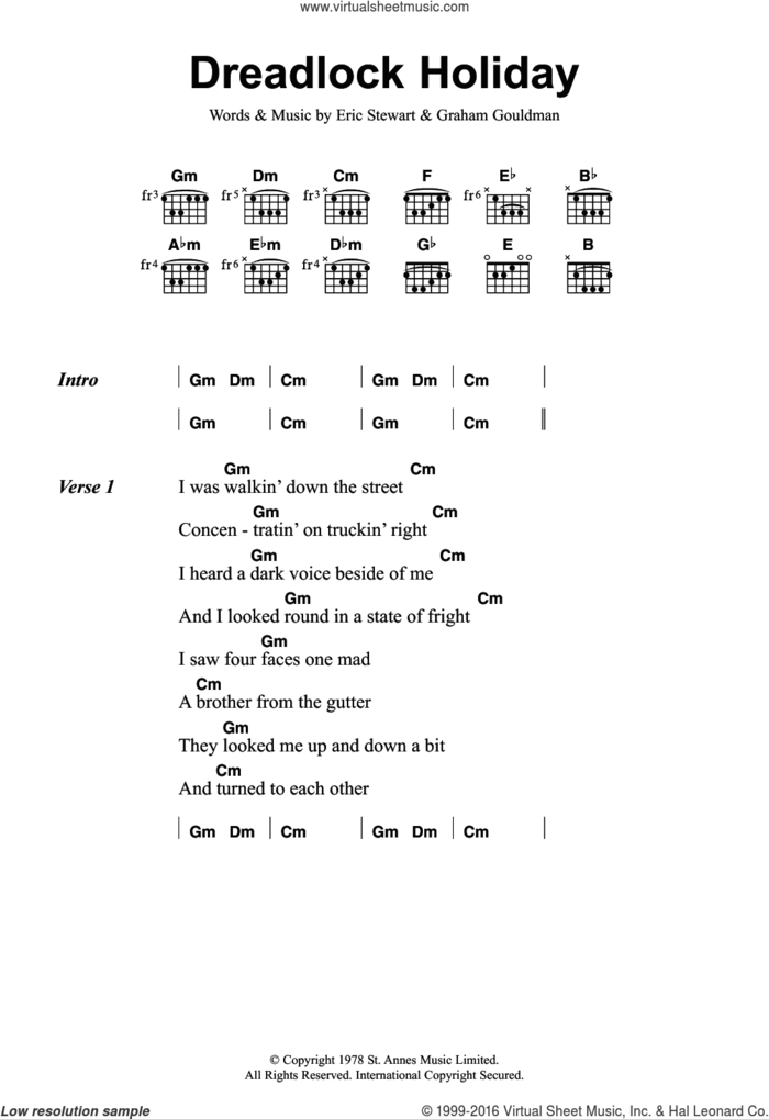 Dreadlock Holiday sheet music for guitar (chords) by 10Cc, Eric Stewart and Graham Gouldman, intermediate skill level