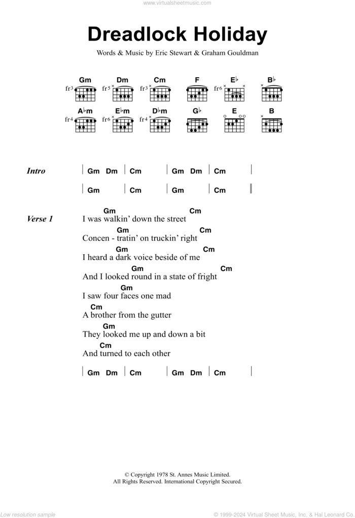 Dreadlock Holiday sheet music for guitar (chords) by 10Cc, Eric Stewart and Graham Gouldman, intermediate skill level